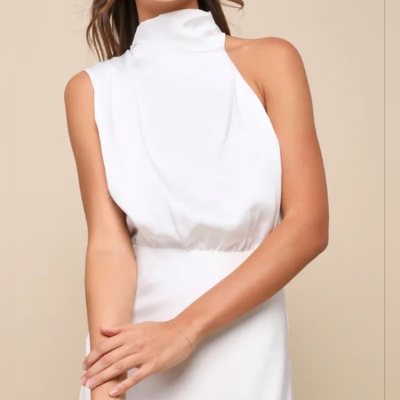 Lulus Distinctive Charm White Satin Asymmetrical Midi Dress, Size Medium - Picture 5 of 10